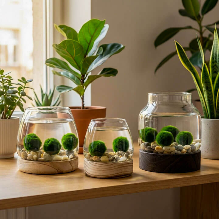 marimo set jar on wooden base
